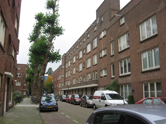 Zicht op de Granaatstraat vanaf de oostzijde met versgesnoeide bomen.
              <br/>
              Eigen Haard, 2013-10-25